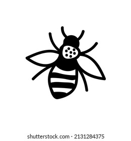 Vector simple illustration of a black line bee for Easter hand drawn. Single spring holiday animal picture in doodle style. Design for stickers, social media, cards, packaging, printing.