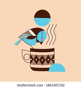 Vector simple illustration of blue bird on cup. Vintage and retro design.