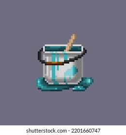 Vector simple illustration of bucket with blue paint. 8 bit pixel picture of house renovation. Isolated element of the object for painting the walls. Turquoise fluorescent paint. A metal bucket.