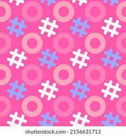 Ilustración vectorial simple con círculo color y etiqueta sobre fondo rosado. Diseño de patrones sin fisuras de estilo plano con forma para web, sitio, banner, impresión, textil