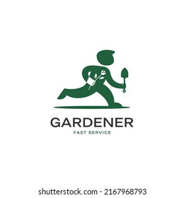 Vector simple illustration of Gardener, he is running and carries a flower and shovel in his hand