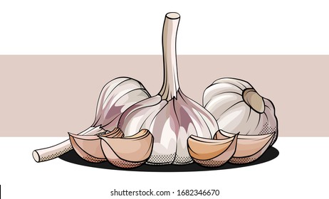 Vector Simple Illustration Of A Group Of Bulb Garlic With Cloves On A Label.