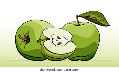 Vector simple illustration group of green apples with half on line (side view).
