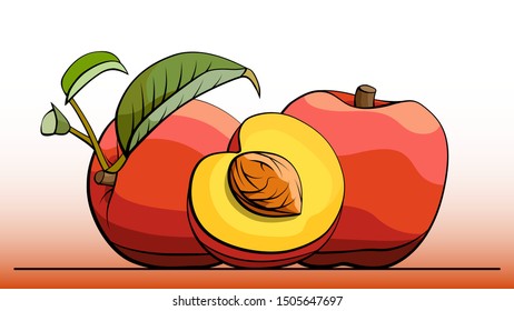 Vector simple illustration group of peaches with half on line (side view).