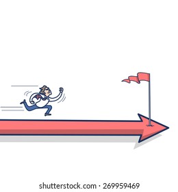vector simple illustration of happy fast running businessman on arrow to the goal marked with flag | modern flat design linear colorful cartoon icon isolated on white background