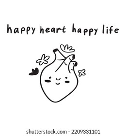 Vector Simple Illustration. Happy Heart Happy Life. Outline Icon On White Background.