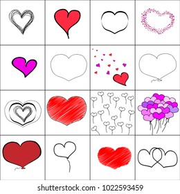 Vector simple illustration hearts set, baloons, embroidery, black and white hand drawn. Seamless pattern.