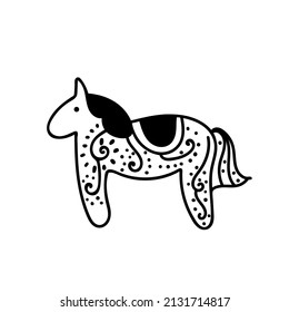 Vector simple illustration horse with black line for Easter hand drawn. Single spring holiday animal picture in doodle style. Design for stickers, social media, cards, packaging, printing.