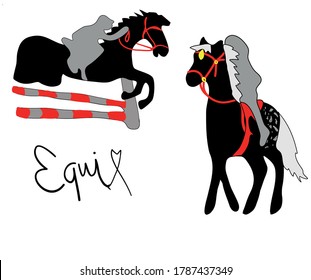 Vector simple illustration of jumping horse and rider (jockey)
