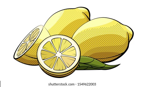 Vector simple illustration of lemons group with halves on white background.