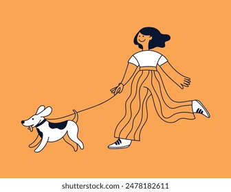 Vector simple illustration in line style, girl walking with a dog on a lead, friendly mascot and character