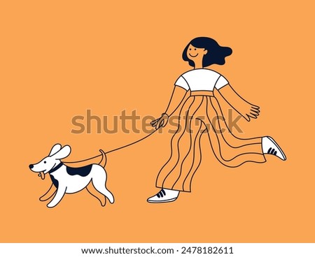 Vector simple illustration in line style, girl walking with a dog on a lead, friendly mascot and character