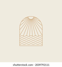 Vector simple illustration in simple linear style - minimalist boho logo design templates - landscape with mountain, hill, and sun
