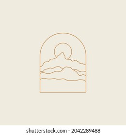 Vector simple illustration in simple linear style - minimalist boho logo design templates - landscape with mountain, hill, and sun