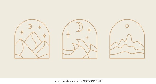 Vector simple illustration in simple linear style - minimalist boho logo design templates - landscape with mountain, hill, and sun