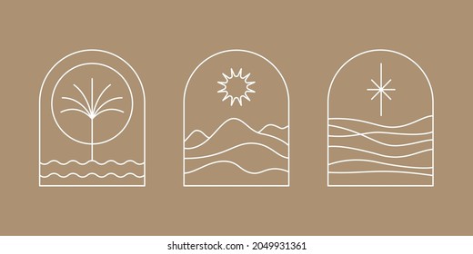 Vector simple illustration in simple linear style - minimalist boho logo design templates - landscape with mountain, hill, and sun