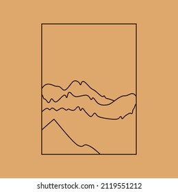 Vector simple illustration in simple linear style, minimalist boho logo landscape with mountain, hill, and sun.