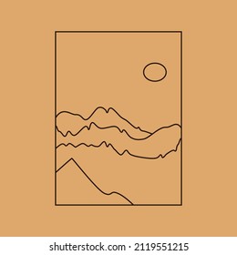 Vector simple illustration in simple linear style, minimalist boho logo landscape with mountain, hill, and sun.