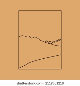 Vector simple illustration in simple linear style, minimalist boho logo landscape with mountain, hill, and sun.