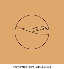 Vector simple illustration in simple linear style, minimalist boho logo landscape with mountain, hill, and sun.