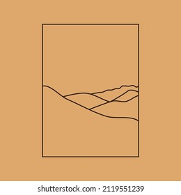 Vector simple illustration in simple linear style, minimalist boho logo landscape with mountain, hill, and sun.