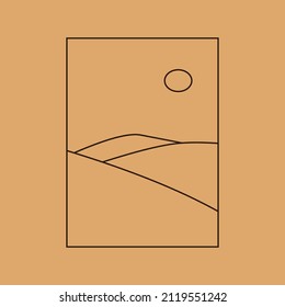 Vector simple illustration in simple linear style, minimalist boho logo landscape with mountain, hill, and sun.