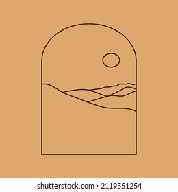 Vector simple illustration in simple linear style, minimalist boho logo landscape with mountain, hill, and sun.