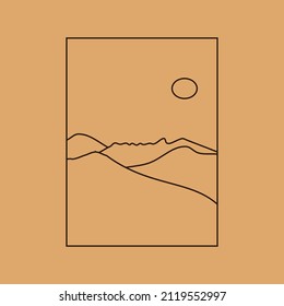 Vector simple illustration in simple linear style, minimalist boho logo landscape with mountain, hill, and sun.
