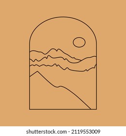 Vector simple illustration in simple linear style, minimalist boho logo landscape with mountain, hill, and sun.