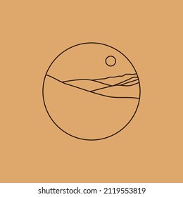 Vector simple illustration in simple linear style, minimalist boho logo landscape with mountain, hill, and sun.