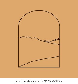 Ilustración vectorial simple en estilo lineal simple, paisaje minimalista del logo boho con montaña, colina y sol.