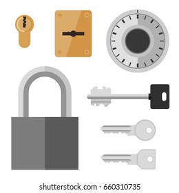 Vector simple illustration of safe lock, doors locks and different keys.