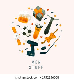 Vector simple illustration with a set of men's things: tie, bow tie, screwdriver, ball, stick and puck, beer mug, watch, razor, gift