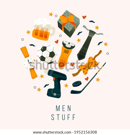 Vector simple illustration with a set of men's things: tie, bow tie, screwdriver, ball, stick and puck, beer mug, watch, razor, gift