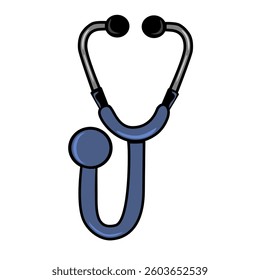 A vector simple illustration of a stethoscope is depicted in blue and black colors, symbolizing health and medical care.