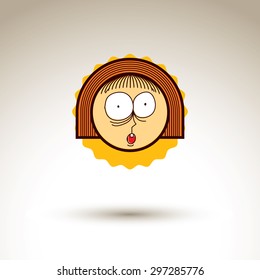 Vector simple illustration of surprised girl isolated on white background, hand drawn design element, web avatar for social networks. Facial expressions on teenager face. 