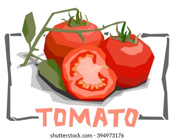 Vector simple illustration of tomatoes with half in angular cartoon style.