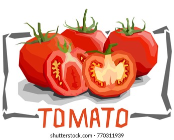 Vector simple illustration of tomatoes with halves in angular cartoon style.