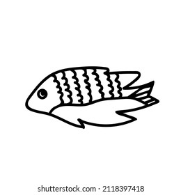 Vector simple illustration with tropical fish on white isolated background.Ocean,Summer underwater animal hand drawn in doodle style.Design for postcards,stickers,packages,social media,web,coloring.