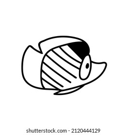 Vector simple illustration with tropical fish on white isolated background.Ocean,Summer underwater animal hand drawn in doodle style.Design for postcards,stickers,packages,social media,web,coloring.