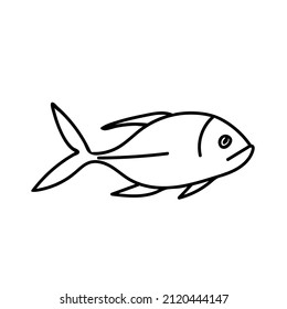 Vector simple illustration with tropical fish on white isolated background.Ocean,Summer underwater animal hand drawn in doodle style.Design for postcards,stickers,packages,social media,web,coloring.