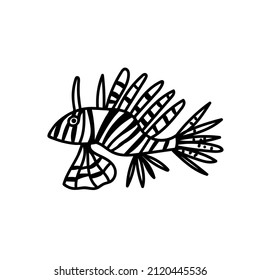 Vector simple illustration with tropical fish on white isolated background.Ocean,Summer underwater animal hand drawn in doodle style.Design for postcards,stickers,packages,social media,web,coloring.