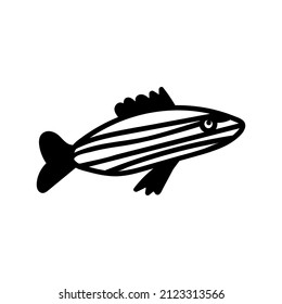 Dibujo vectorial simple con peces tropicales sobre fondo blanco aislado.Océano,Mano animal submarina de verano dibujada al estilo de doodle.Diseño para postales, pegatinas, paquetes, medios sociales, web, coloreo.