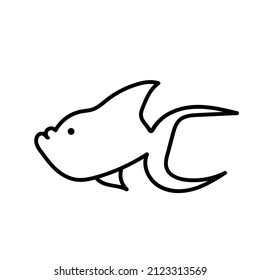 Dibujo vectorial simple con peces tropicales sobre fondo blanco aislado.Océano,Mano animal submarina de verano dibujada al estilo de doodle.Diseño para postales, pegatinas, paquetes, medios sociales, web, coloreo.