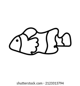 Vector simple illustration with tropical fish on white isolated background.Ocean,Summer underwater animal hand drawn in doodle style.Design for postcards,stickers,packages,social media,web,coloring.