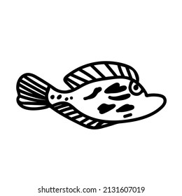 Dibujo vectorial simple con peces tropicales sobre fondo blanco aislado.Océano,Mano animal submarina de verano dibujada al estilo de doodle.Diseño para postales, pegatinas, paquetes, medios sociales, web, coloreo.