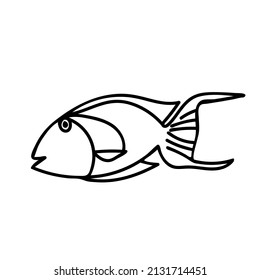 Dibujo vectorial simple con peces tropicales sobre fondo blanco aislado.Océano,Mano animal submarina de verano dibujada al estilo de doodle.Diseño para postales, pegatinas, paquetes, medios sociales, web, coloreo.