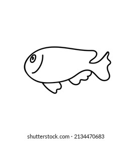 Vector simple illustration with tropical fish on white isolated background.Ocean,Summer underwater animal hand drawn in doodle style.Design for postcards,stickers,packages,social media,web,coloring.