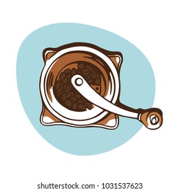 Vector simple illustration with a vintage coffee grinder top view.