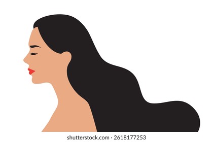 Vector simple illustration of a woman's profile with red lipstick and big flowing black hair isolated on white background